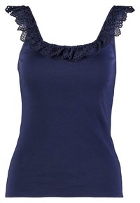 Mørkeblå tanktop med tætsiddende liv og en flæseafskæring i blonder langs halsudskæringen. Blødt stof med en glat tekstur.