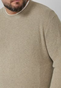 Beige gestrickter Pullover mit einem gerippten Rundhalsausschnitt, strukturiertem Muster und lockerer Passform. Das Material wirkt weich und bequem.