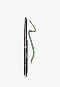 Revlon Colorstay eyeliner in a black retractable pencil, with a green eyeliner swatch alongside, showcasing a creamy texture.