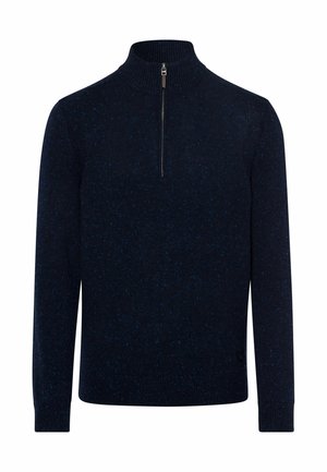 Navy blue zip-neck sweater made of textured knit fabric, featuring a subtle fleck pattern and ribbed cuffs and hem.