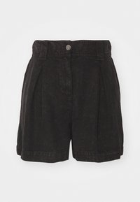 Zwarte shorts van gebreide stof, met een geplooid ontwerp, een knoopsluiting en een omgeslagen zoom. Eenvoudige en veelzijdige stijl.