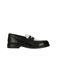 Sort og hvid læder penny loafer med lav hæl og syningsdetaljer, vist i sideprofil mod hvid baggrund.