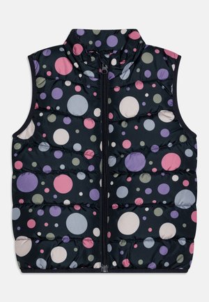 Kamizelka ocieplana w kolorze granatowym z wielokolorowymi kropkami. Posiada wysoki kołnierz i suwak z przodu. Gładka tkanina o pikowanej fakturze.