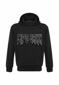 Schwarzer Baumwollhoodie mit einem großen, auffälligen, silbernen gestickten "CIPO & BAXX"-Logo auf der Vorderseite, einer Kängurutasche und einer Kapuze mit Kordelzug.