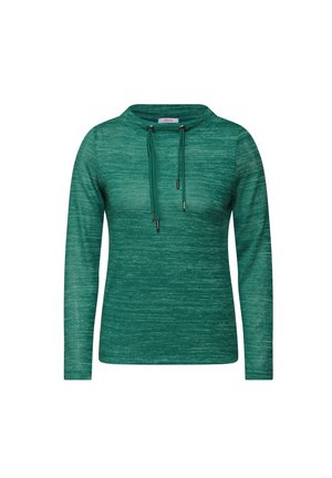 Green long-sleeve hoodie made from textured fabric. Features a cowl neck with drawstrings and metallic tips. Smooth, casual fit.