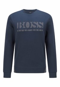 Felpa blu navy in cotone, con collo rotondo e maniche lunghe. Logo "BOSS" in strass ben visibile sul petto.