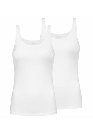 Two plain white sleeveless tank tops with scoop necks, displayed against a white background.