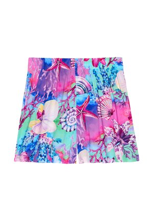 Multikleurige zwembroek met een levendig onderwater-thema print met schelpen, sterren en koraalpatronen. Gemaakt van lichtgewicht stof.