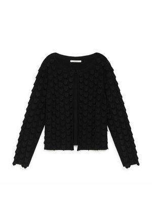 Cardigan noir avec motif en écailles texturé, manches longues, encolure arrondie et ouverture devant. Fabriqué en tissu doux.