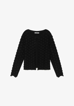 Cardigan noir avec motif en écailles texturé, manches longues, encolure arrondie et ouverture devant. Fabriqué en tissu doux.