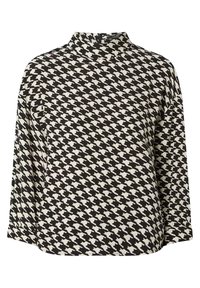 Sort og hvidt houndstooth-mønsteret bluse med høj hals og lange ærmer, der har en glat tekstiloverflade.