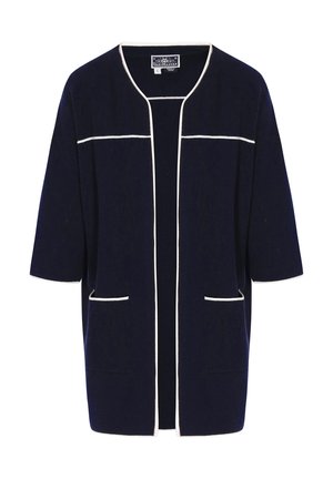 Morski kardigan od mekog materijala, s bijelim obrubom, opuštenog kroja, kratkim rukavima i dva prednja džepa na zakrpu.