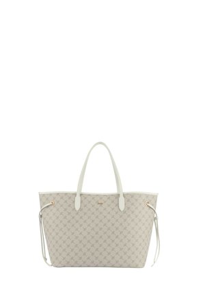 Borsa a tracolla in tessuto grigio chiaro con un motivo sottile, due manici superiori e dettagli in metallo color oro. Design aperto con stringhe laterali.