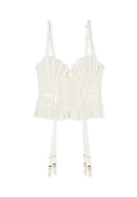 Bustier en dentelle blanche avec bretelles ajustables, bonnets structurés, broderie florale et jarretelles attachées avec des accessoires dorés.