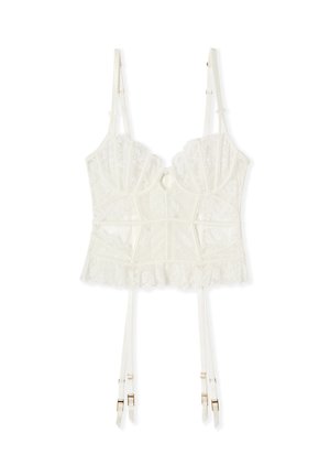 Weißes Spitzenbustier mit verstellbaren Trägern, strukturierten Cups, floraler Stickerei und angebrachtem Strumpfhalter mit goldfarbener Hardware.