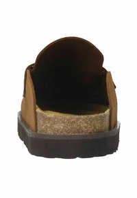 Brown suede slip-on shoe, open back, foam insole, thick brown sole, textured cork midsole, interior lined with yellow material.