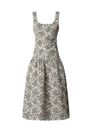 Haljina bez rukava srednje duljine s kvadratnim izrezom, utegnutom strukom i cvjetnim uzorkom u zelenoj i smeđoj boji na bijeloj podlozi.