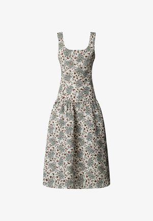 Varrukateta midi pikkusega kleit ruudukujulise dekolteega, liibuva vöökoha ja rohelise ning pruuni lillemustriga valgel taustal.