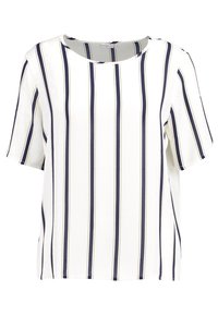 Bílé tričko s krátkým rukávem a námořnickými svislými pruhy, kulatý výstřih a texturovaná tkanina. Obsahuje boční rozparky pro snadn ější pohyb.