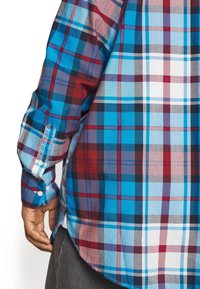Camicia a quadri multicolore con quadrati blu, rossi e bianchi. Maniche lunghe con polsini a bottone e orlo curvato. Tessuto di cotone leggero.