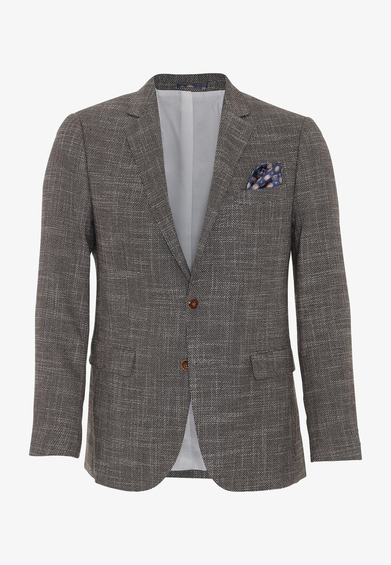 Blazer gris texturé simple boutonnage avec deux boutons marron et une pochette bleu marine à motifs.