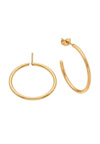 Gouden metalen hoopoorbellen met een glad, rond ontwerp en een push-back sluiting. Lichtgewicht met een gepolijste afwerking.