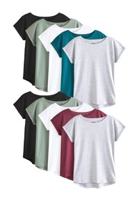 Huit t-shirts à manches courtes présentés en pile. Les couleurs comprennent le noir, le gris, le blanc, le vert, le bleu sarcelle et le bordeaux. Tissu doux, encolure ronde.