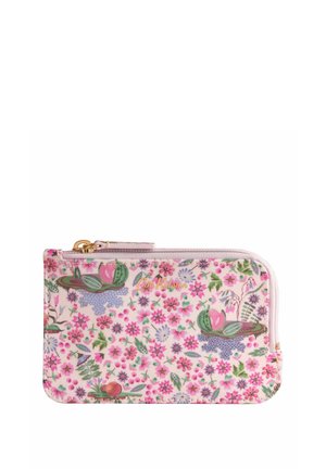 Pochette rectangulaire rose pastel avec fermeture éclair et tirette dorée, couverte de petits motifs floraux et botaniques roses, violets et verts.