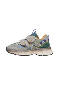 Sneaker in velcro con una parte superiore in mesh e suede grigio, blu, verde e arancione. Caratterizzate da una suola texturizzata e elementi di design sovrapposti.