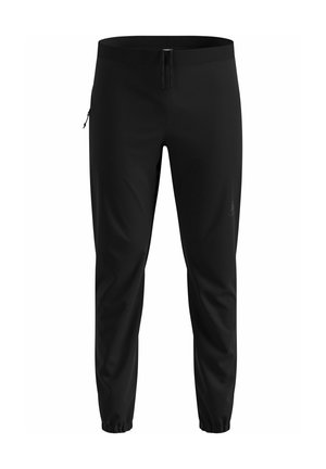 Black athletic pants with elastic waistband and ankle cuffs, zippered pocket on right thigh, and subtle logo on left leg.