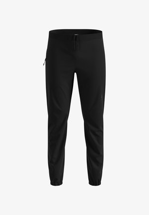 Black athletic pants with elastic waistband and ankle cuffs, zippered pocket on right thigh, and subtle logo on left leg.
