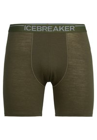Olivgrön mäns boxershorts i mjukt tyg, med en kontrasterande grå "ICEBREAKER"-logotyp på den elastiska midjebandet.