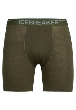Boxer briefs para hombre en color verde oliva, fabricados con una tela suave y con un logo en gris "ICEBREAKER" que contrasta en la cinturilla elástica.
