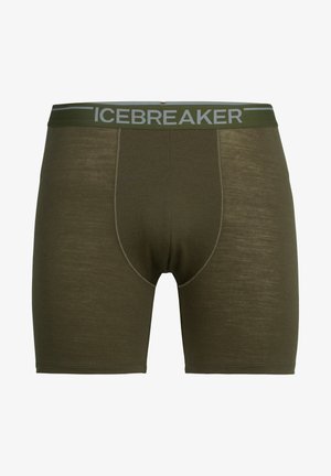 Boxer briefs para hombre en color verde oliva, fabricados con una tela suave y con un logo en gris "ICEBREAKER" que contrasta en la cinturilla elástica.