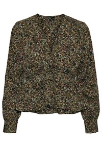 Květovaná zavinovací halenka v tmavě zelené barvě s dlouhými rukávy a řasenými detaily. Vzorek obsahuje růžové, modré a žluté akcenty na látce.