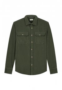 Long-sleeve shirt in dark green corduroy with a button-down front, two chest pockets, and a pointed collar. Subtle textured surface.