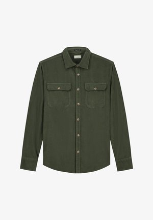 Long-sleeve shirt in dark green corduroy with a button-down front, two chest pockets, and a pointed collar. Subtle textured surface.