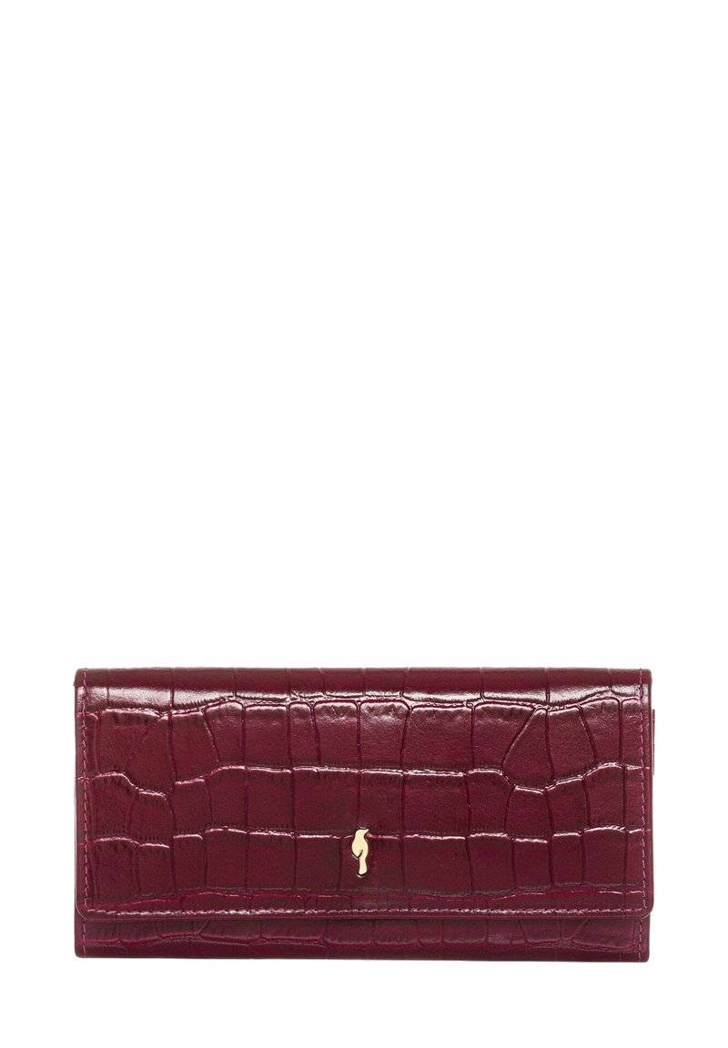 Burgundowa skórzana portmonetka z tłoczeniem imitującym krokodylą skórę. Posiada złoty akcent w postaci logo. Prostokątny kształt z zakładanym klapkiem.