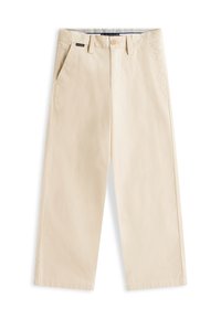 Μπεζ βαμβακερό παντελόνι με ίσια γραμμή, πλαϊνές τσέπες, θηλιές για ζώνη, κλείσιμο με κουμπί και μικρή ετικέτα με λογότυπο στη μέση.