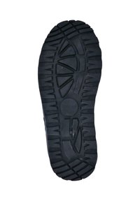 Suola di scarpa in gomma nera con motivi di battistrada strategici, incluse scanalature e accenti circolari, progettata per la trazione e la durabilità.