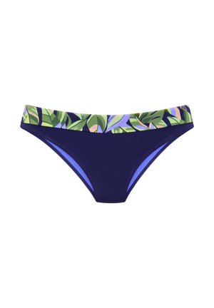 Navy bikini bottom with a floral patterned waistband in green and pastel colors. Features a smooth texture and a mid-rise design.