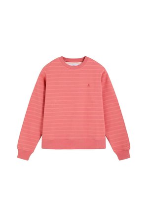 Sudadera de color rosa coral con cuello redondo, manga larga, rayas horizontales sutiles y un pequeño logotipo bordado en el pecho izquierdo.