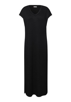 Musta hihaton V-kaula-aukollinen maksimittainen mekko, jossa on kevyt sivuhalkio, valmistettu pehmeästä, joustavasta kankaasta.