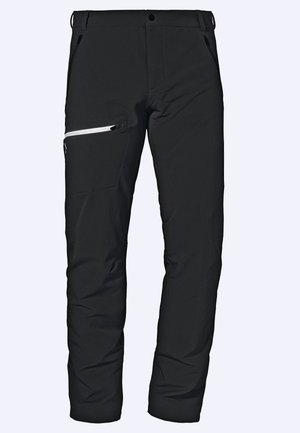 Schwarze wasserfeste Hose mit glatter Textur, ausgestattet mit einer seitlichen Reißverschlusstasche und verstärkten Nähten, entworfen für Outdoor-Aktivitäten.