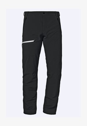 Schwarze wasserfeste Hose mit glatter Textur, ausgestattet mit einer seitlichen Reißverschlusstasche und verstärkten Nähten, entworfen für Outdoor-Aktivitäten.