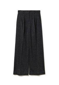 Pantaloni a gamba larga in tessuto grigio scuro, con design anteriore plissettato, vita piatta e superficie liscia senza motivo visibile.