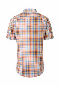 Kurzarmhemd mit einem mehrfarbigen Karomuster in Orange, Blau, Gelb und Braun, mit Button-Down-Kragen und Rückensattel-Detail.