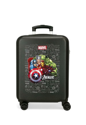 Maleta rígida negra con gráfico de Marvel Avengers que presenta a Capitán América, Thor, Iron Man y Hulk, y cuatro ruedas giratorias.