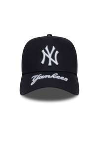 Black baseball cap with a structured design, featuring an embroidered white New York Yankees logo on the front and a script logo on the visor.