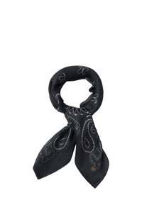 Sort tørklæde med paisley mønster i hvid. Stoffet er blødt, med en glat tekstur. Afsluttet med et lille metalemblem.